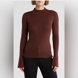 NWT DKNY Ribbed Mock Neck Bitter Chocolate Long Bell Sleeve Sweater- Size Med